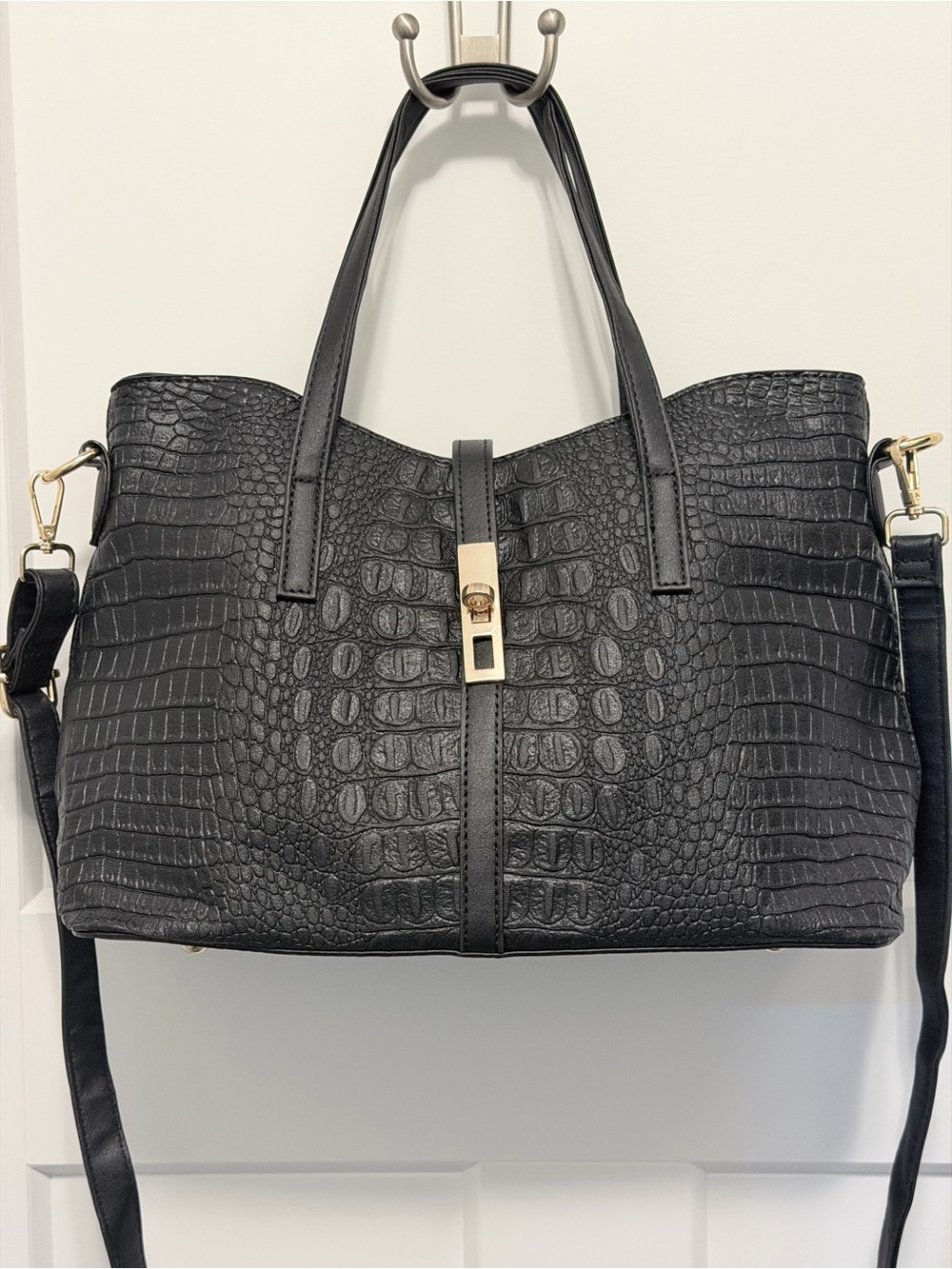 Structured Croc-Embossed Faux Leather Black Tote Bag with Gold Hardware - Picture 1 of 13